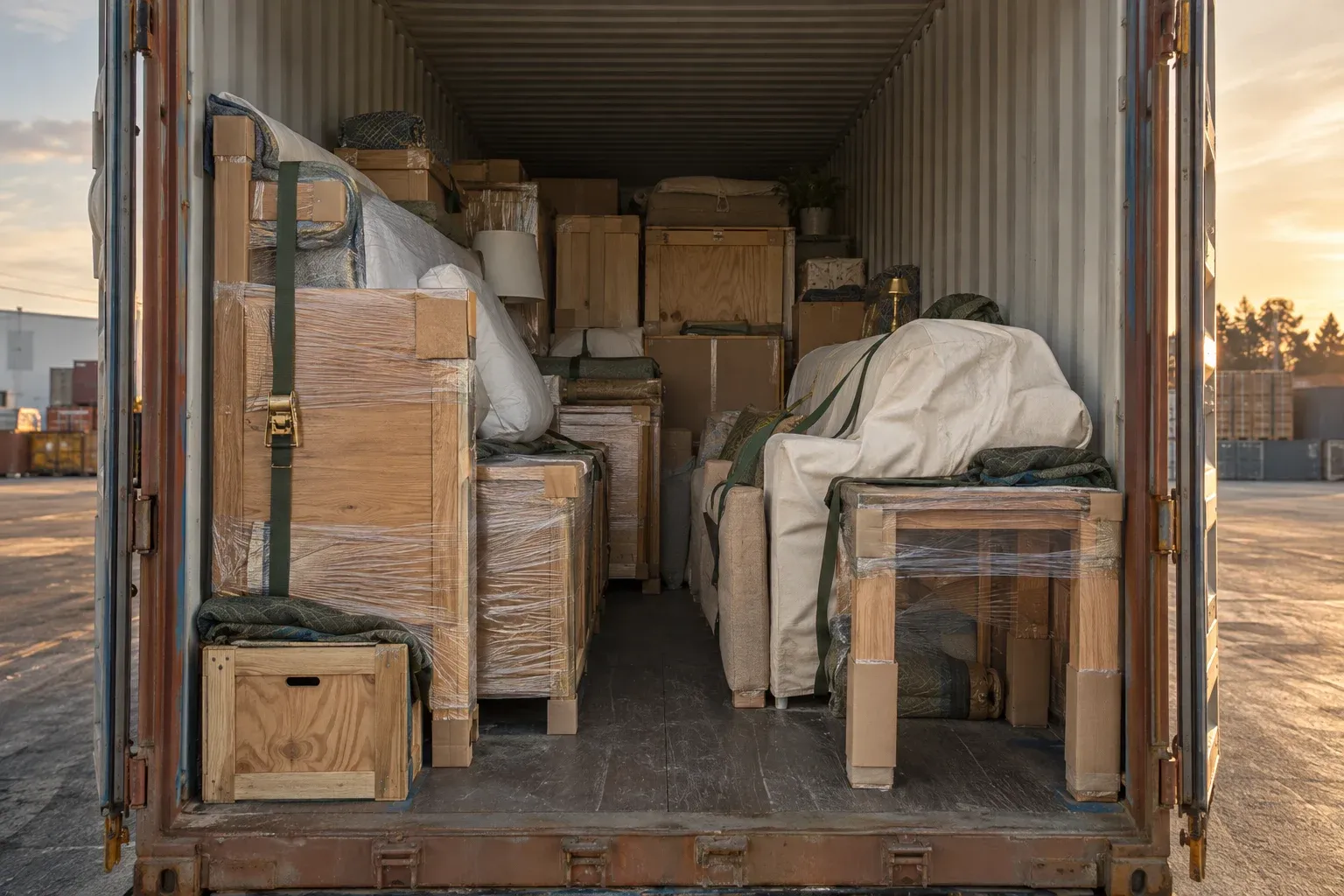 Conteneur maritime chargé du mobilier emballé d’une maison complète